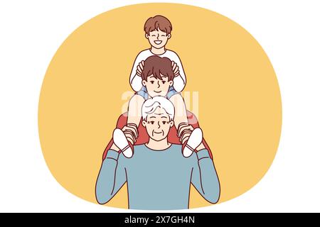 Männer verschiedener Generationen posieren für Familienfotos, stehen hinter ihrem Vater und lächeln auf den Bildschirm. Der ältere Mann posiert mit Sohn und Enkel während der Feier des Vatertags Stock Vektor