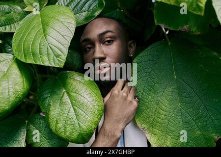 Ein anspruchsvoller Mann versteckt sich hinter einem üppig grünen Baum in einem lebendigen Garten. Stockfoto