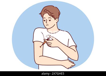 Ein Mann mit Diabetes injiziert in den Arm, um den Blutzucker zu senken und einen Insulinschock zu vermeiden. Guy erlebt Probleme und Bedarf für regelmäßige Injektionen nach dem Leiden von Diabetes oder infektiöser Grippe Stock Vektor