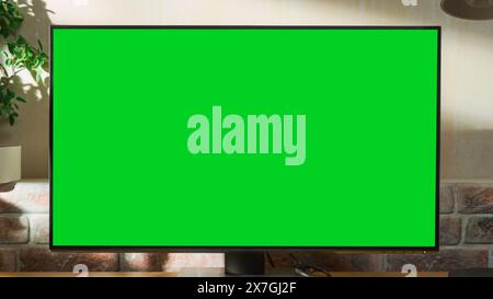 Desktop-PC-Monitor, der auf einem Tisch steht, mit einem Chromakey-Mock-Up-Display mit grünem Bildschirm. Gemütliches leeres Loft-Apartment mit Lampe, Notebooks und Kopfhörern auf dem Tisch. Stockfoto