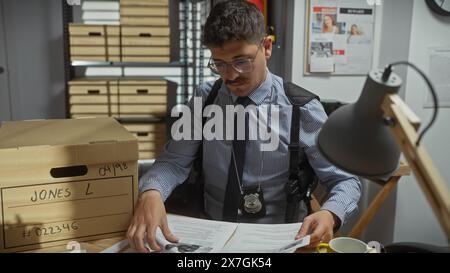 Ein konzentrierter junger Mann, der als Detektiv in einer Polizeiabteilung arbeitet und drinnen Dokumente überprüft. Stockfoto