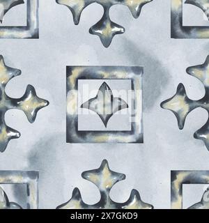 Portugiesische Azulejo-Fliesen nahtloses Muster. Aquarell-Ornament-Wiederholungspapier in blauer Farbe. Textildesign Stockfoto