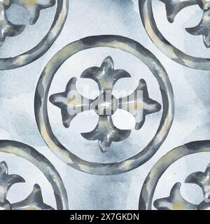 Portugiesische Azulejo-Fliesen nahtloses Muster. Aquarell-Ornament-Wiederholungspapier in blauer Farbe. Textildesign Stockfoto