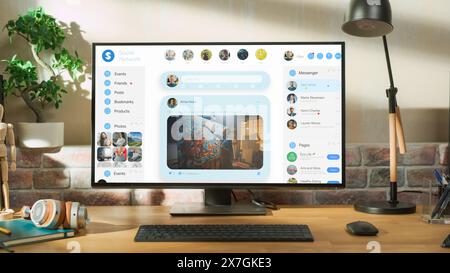 Im Home Office: PC-Monitor steht auf einem verstellbaren Tisch mit Social Media Wall Feed, Live-Stream Videos, Posts, Bildern. Mock-up-Beiträge: Kreativität, Technik, Nachrichten, Wissenschaft, Lifestyle Content. Stockfoto