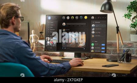 Junger gutaussehender Mann, der auf dem Desktop-PC Pinnwände in sozialen Medien, Live-Stream-Videos, Posts und Bilder abfragt. Mock-up-Beiträge: Kreativität, Technik, Nachrichten, Wissenschaft, Lifestyle Content. Stockfoto