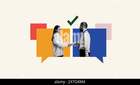 Zeitgenössische Kunstcollage. Zwei junge Leute stehen in Sprechblasen und schütteln die Hände. Treffen und Deals online abschließen. Stockfoto