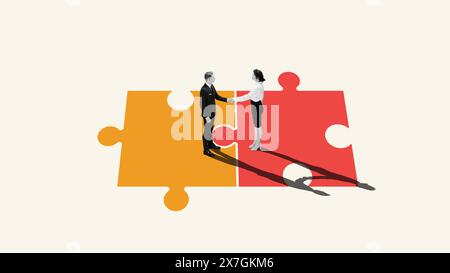 Zeitgenössische Kunstcollage. Zwei junge Geschäftsleute stehen auf bunten, verschiedenen Puzzleteilen und schütteln die Hände. Stockfoto