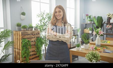 Lächelnde Frau auf Schürze, die mit überkreuzten Armen in einem mit Pflanzen gefüllten Raum steht und drinnen einen Blumenhändler oder Gärtner andeutet. Stockfoto