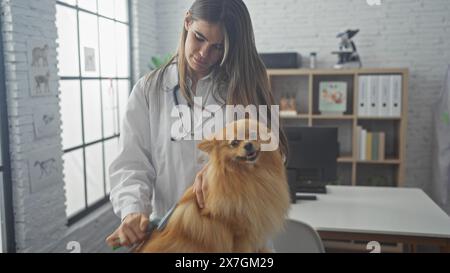 Eine junge Tierärztin, die einen fröhlichen pommerschen Hund in einem Tierklinikinnenraum pflegt Stockfoto