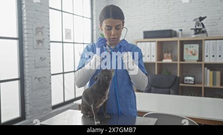 Eine fokussierte hispanic-Tierärztin untersucht einen chihuahua in einem hell beleuchteten Klinikraum mit einem Stethoskop. Stockfoto