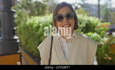 Frau mittleren Alters mit kurzen Haaren und Sonnenbrille lächelt in einem sonnigen Stadtpark in lässiger Kleidung. Stockfoto