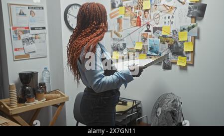 Afrikanische Frau Detective analysiert Beweise in einem überfüllten Polizeirevier mit Ermittlungsausschuss. Stockfoto