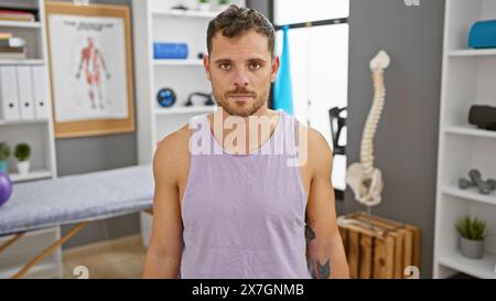 Gutaussehender hispanischer Mann mit Bart im Klinikinnenraum posiert für ein Porträt, strahlt Selbstvertrauen und Professionalität aus. Stockfoto