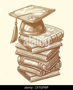 Handgezeichnete Skizzenzeichnung von Stapel Bücher und Graduiertenkappe. Das Konzept der Hochschulbildung Stock Vektor
