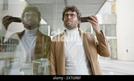 Ein aufmerksamer Mann im Mantel hört eine Sprachnachricht auf seinem Handy, während er an einem Glasfenster steht, das die städtische Umgebung reflektiert. Stockfoto