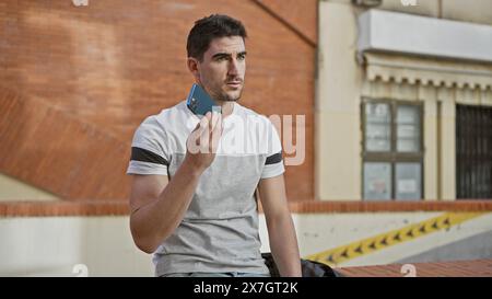 Hübscher hispanischer Mann mit Smartphone auf der Stadtstraße Stockfoto