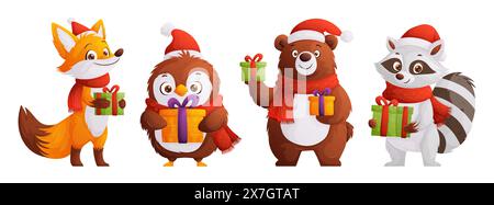 Niedliche Zeichentricktiere mit Weihnachtsgeschenken - Fuchs, Pinguin, Bär und Waschbär in Weihnachtshüten und -Tüchern. Ideal für Weihnachtskarten und Weihnachtsdekoration. Stock Vektor