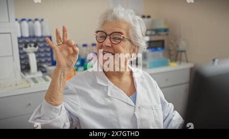 Leitende Wissenschaftlerin im Labormantel, der mit der Hand ein OK-Schild macht, im Labor mit Ausrüstung. Stockfoto