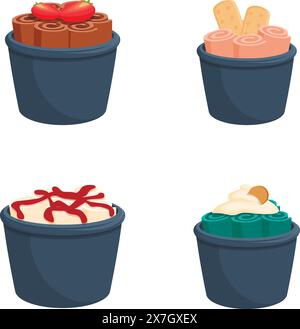 Eis-Symbole setzen Cartoon-Vektor. Leckeres, gerolltes Eis in einer Tasse. Nachtisch, süße Speisen Stock Vektor