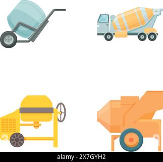 Betonmischer Symbole setzen Cartoon Vektor. Maschinen zum Zementgießen. Baumaschinen Stock Vektor