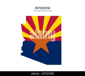 Arizona-Flagge und Karte. Flaggen der US-bundesstaaten und -Territorien. Die amerikanische Flagge und Karte auf weißem Hintergrund. Stockfoto