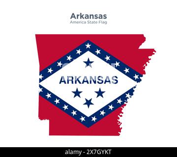 Arkansas Flagge und Karte. Flaggen der US-bundesstaaten und -Territorien. Die amerikanische Flagge und Karte auf weißem Hintergrund. Stockfoto