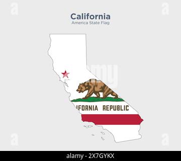 Kalifornische Flagge und Karte. Flaggen der US-bundesstaaten und -Territorien. Die amerikanische Flagge und Karte auf weißem Hintergrund. Stockfoto