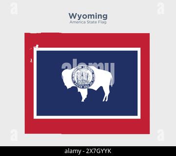 Wyoming Flagge und Karte. Flaggen der US-bundesstaaten und -Territorien. Die amerikanische Flagge und Karte auf weißem Hintergrund. Stockfoto