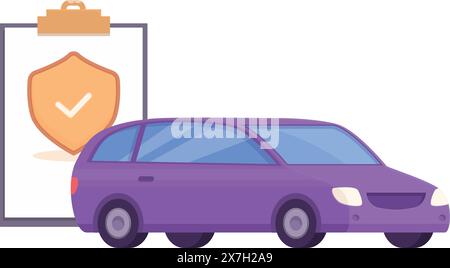 Flaches Design eines Autos neben einem Schildsymbol auf einem Klemmbrett, das den Versicherungsschutz symbolisiert Stock Vektor