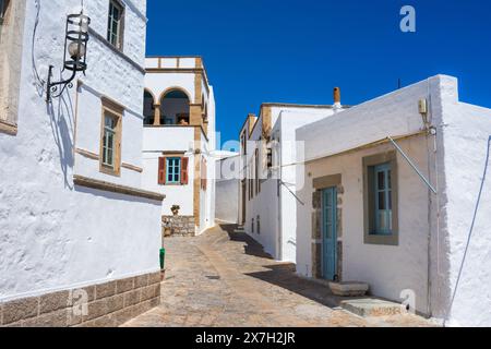 Ikonisches Kloster des Heiligen Johannes des Theologen in Chora der Insel Patmos, Dodekanese, Griechenland Stockfoto