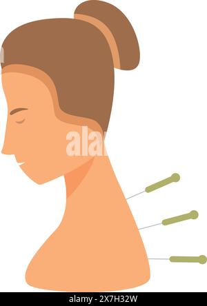 Minimalistische Vektor-Illustration einer ruhigen Frau, die sich Akupunktur-Therapie zur ganzheitlichen Gesundheit und Schmerzlinderung unterzieht. Darstellung des nicht-invasiven Systems. In minimalistischem und elegantem Design Stock Vektor