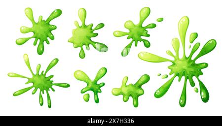 Set aus flüssigem, farbenfrohem Schleim im Cartoon-Stil. Tropf-, Spritzer- oder Spritzer-Flüssigkeit auf weißem Hintergrund. Klebriges Tropfen nach unten, giftiger Fleck Stock Vektor