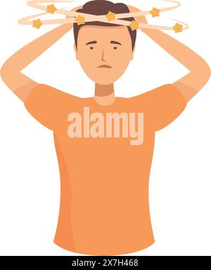 Illustration eines geschwächten erwachsenen Mannes mit Schwindel. Schwindel. Und Ungleichgewicht. Dargestellt in einer einfachen Cartoon-Vektor-Grafik mit einem Mann in einem orangefarbenen Hemd. Verwirrung leiden. Übelkeit Stock Vektor