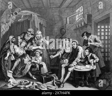 Schwarz-weiß-Illustration: Gefängnisszene. Stich nach William Hogarth (1697–1764) aus seiner Serie „The Rake's Progress“ Stockfoto