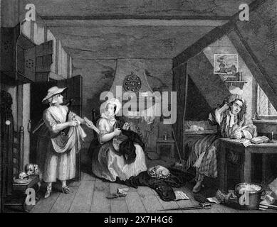 Schwarz-weiß-Illustration: "Der verzweifelte Dichter". Gravur nach William Hogarth (1697 - 1764) Stockfoto