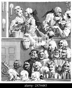 Schwarz-weiß-Illustration: „Das lachende Publikum“. Gravur nach William Hogarth (1697 - 1764) Stockfoto