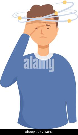 Illustration eines schwindelnden Mannes, der aufgrund von Schwindel und Reisekrankheit des Innenohrs Unwohlsein und Ungleichgewicht erlebt, dargestellt in einer einfachen flachen Design-Cartoon-Vektor-Grafik Stock Vektor