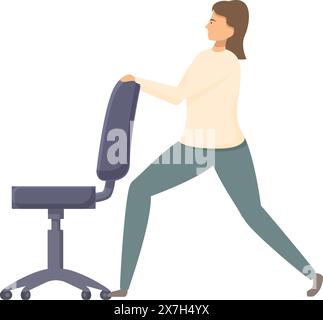 Illustration einer jungen erwachsenen Frau, die die Positionierung eines leeren Bürostuhls in einem modernen, ergonomischen Arbeitsbereich für eine professionelle Umgebung anpasst Stock Vektor