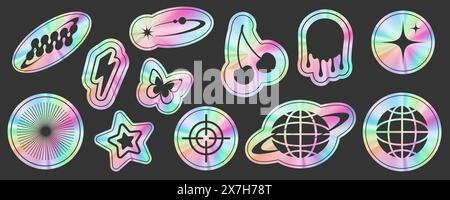 Y2K-Aufkleber mit Hologrammverlauf. Retro-Folienetiketten mit Regenbogensilberstruktur. 2000er Jahre Metallvektor realistische Stempel. Irisierende Elemente Stock Vektor