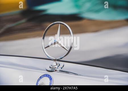 Emblem auf der Motorhaube des Autos. Retro-Mercedes. Tver, Russland: 23. April 2022. Stockfoto