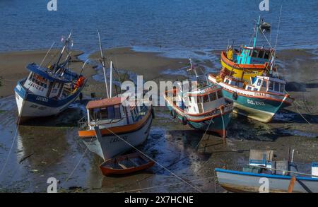 Kommerzielle Fischerboote, die bei Ebbe auf einer Schlammfläche auf Chiloe Island in der chilenischen Seenregion geerdet sind. Stockfoto