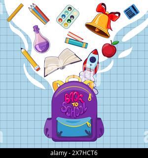 Back-to-School-Design-Konzept mit beliebten Schulutensilien, die über dem Rucksack schweben, handgezeichneten Kritzeleien auf dem Hintergrund eines karierten Papiers. Stock Vektor