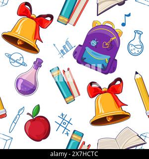 Back-to-School-Konzept nahtloses Muster aus Designelementen, Schulglocke, Rucksack, Büchern und Laborflasche und Kritzeleien gegen weiß. Stock Vektor