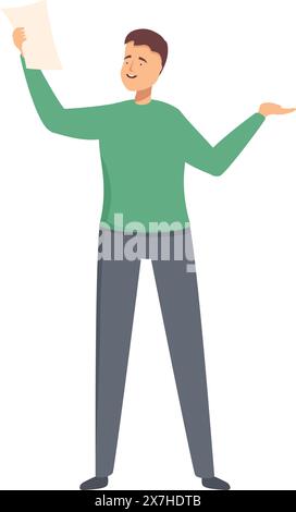 Illustration eines fröhlichen Mannes, der eine Zeitung präsentiert und mit der Hand nach oben triumphiert Stock Vektor