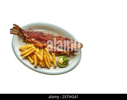 Regenbogenforelle vom Tota Boyaca See - gebackene Forelle mit Pommes Frites. Kolumbianische Gastronomie Stockfoto