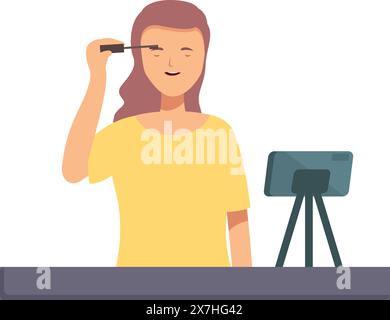 Illustriertes Bild einer lächelnden jungen Frau, die vor einer Kamera Mascara aufträgt Stock Vektor