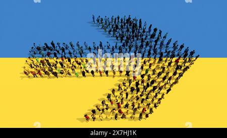 Konzeptionelle Gemeinschaft von Menschen, die das Straßenschild auf ukrainischer Flagge bilden. 3D Illustration Metapher für Entscheidung, Strategie, Führung, Politik Stockfoto