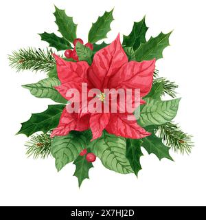 Komposition mit stechpalme und rotem Weihnachtsstern, Aquarell-Weihnachtsstrauß. Handbemaltes Aquarellelement für dekoratives Weihnachtsfest Neujahr i Stockfoto