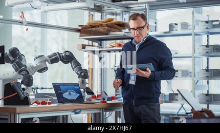 In Robotics Development Laboratory: Zukünftige Ingenieure und Wissenschaftler arbeiten am automatisierten Roboterarm-Prototyp. Professioneller Tech-Unternehmer Inspiriert Menschen Zu Neuen Technologischen Errungenschaften. Stockfoto