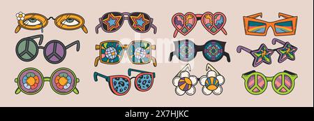 Funky groovige Sonnenbrille in Kreis-, Herz-, Gänseblümchen- oder Sternform. Psychedelische Sommerbrille mit trippigen Augen, Leopardenmuster und Discokugel im Hippie-Retro-Stil der 70er Jahre. Vintage Hippie-Brillen Stock Vektor